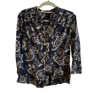Eddie Bauer Women L Navy Floral Button FrontShirt Cotton Coastal Teacher Office